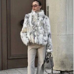 Zara FAUX FUR SHORT COAT Animal Print Ecru Black S M NWT 4360/243